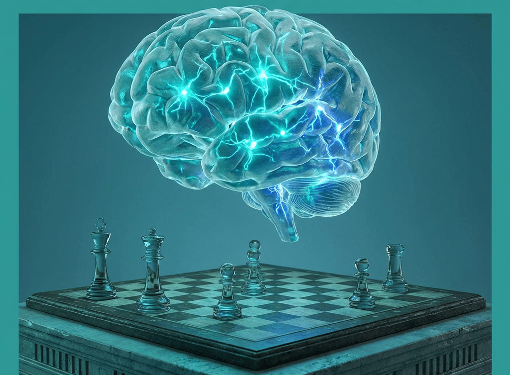 Translucent brain over chessboard, teal editorial style