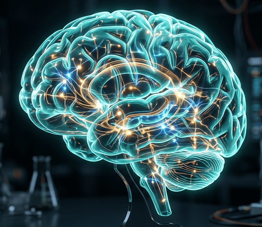 3D model of human brain showing illuminated neural pathways and connections