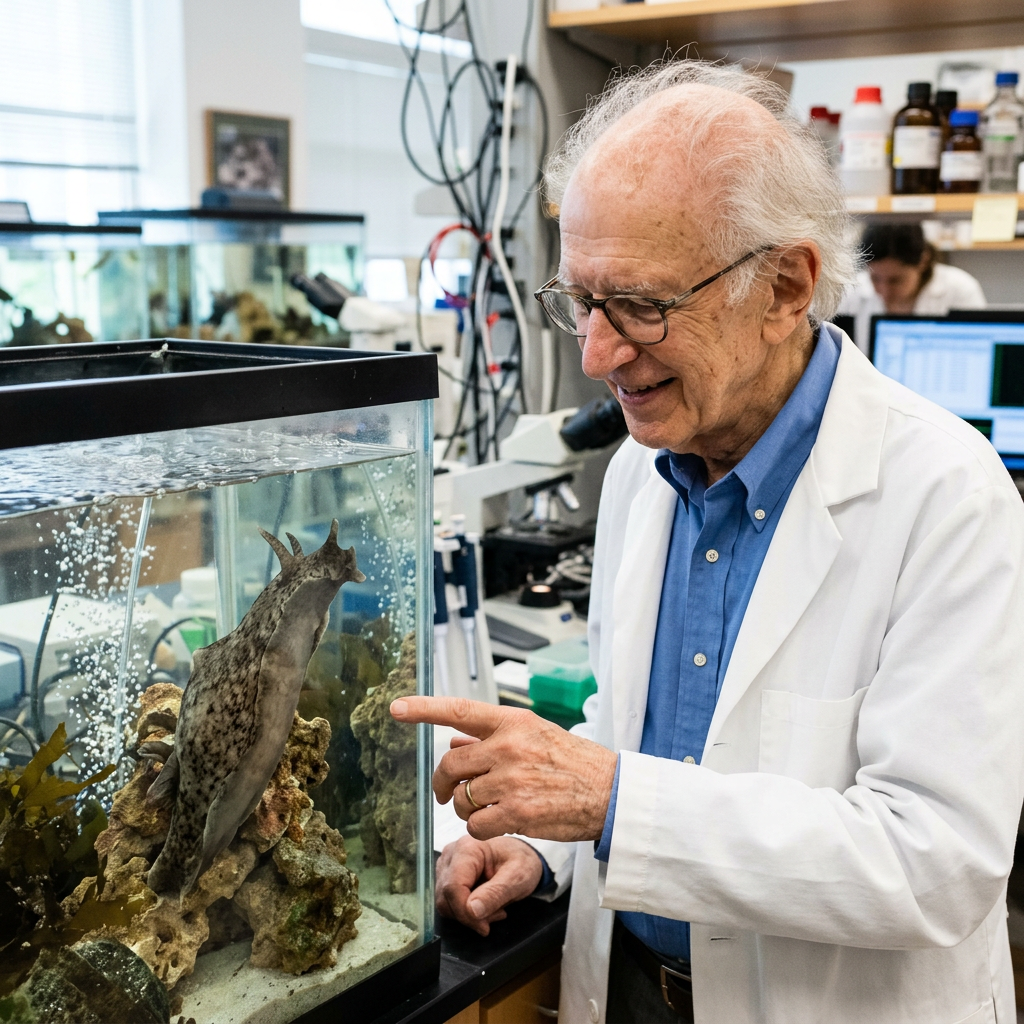 Elderly male scientist pointing at a sea slug inside a laboratory aquarium