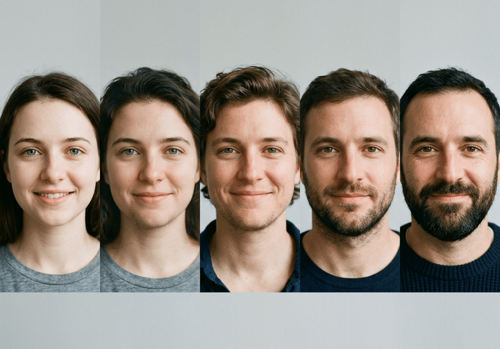Five headshots showing the transition of a person aging from young to older