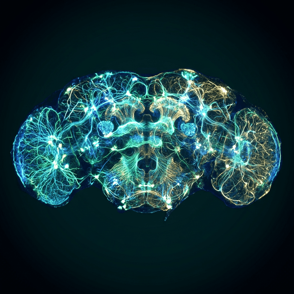 Fluorescent zebrafish brain highlighting neural network structure