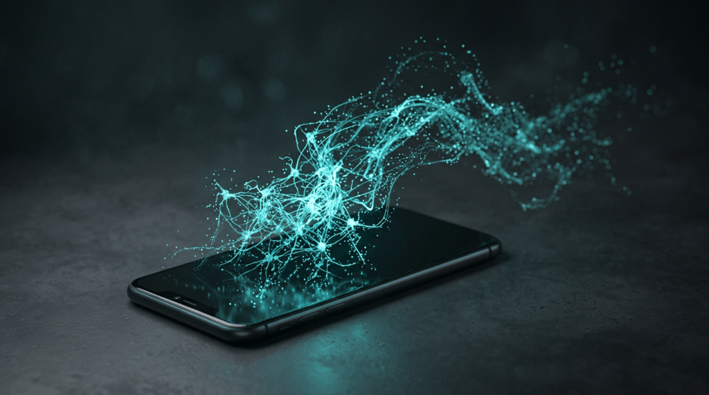 Smartphone with glowing blue digital network flow emerging from screen