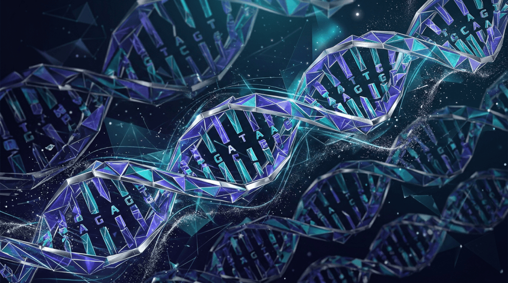 3D digital illustration of DNA double helices showing nucleotide base pairs
