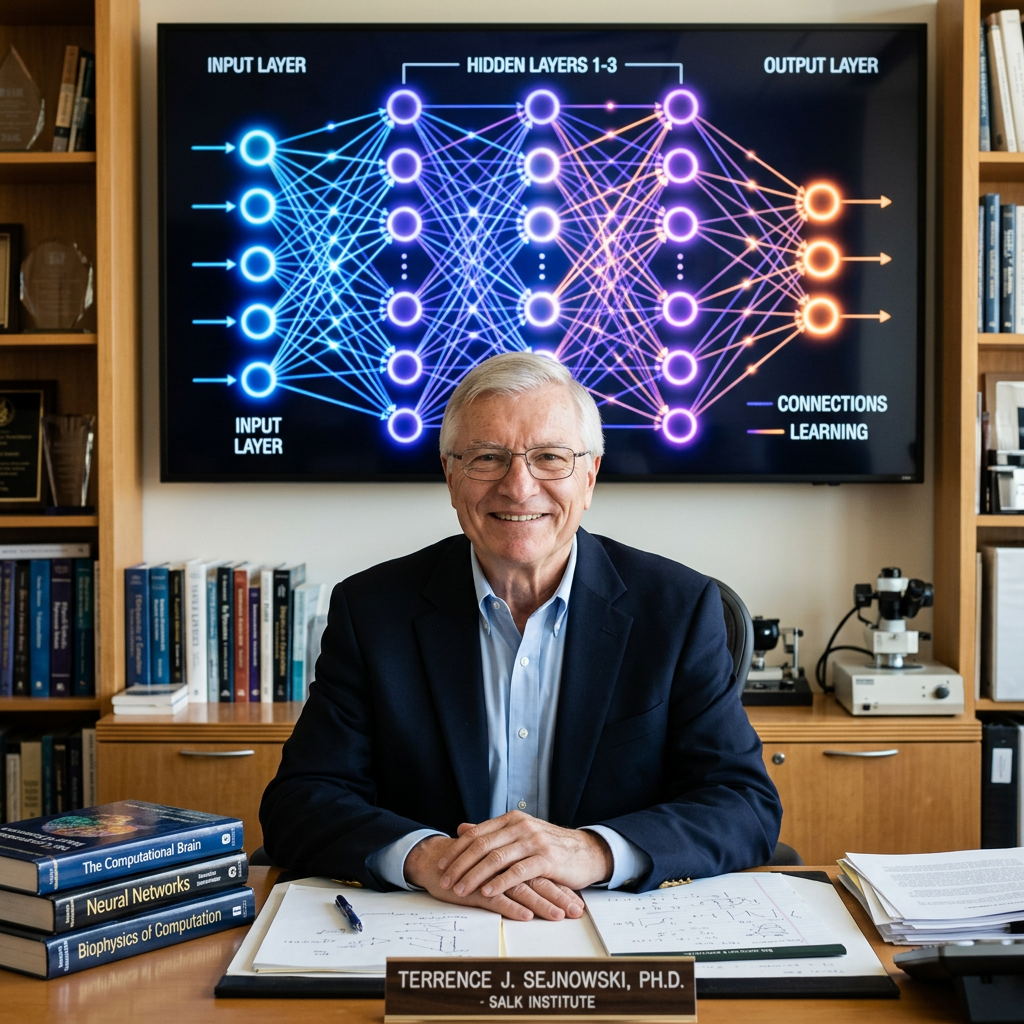 Terrence J. Sejnowski, Ph.D., sitting at desk with neural network diagram on screen behind