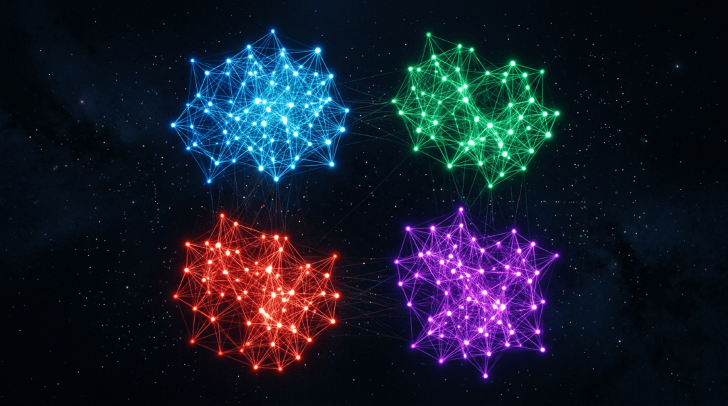Four colored node clusters on dark background