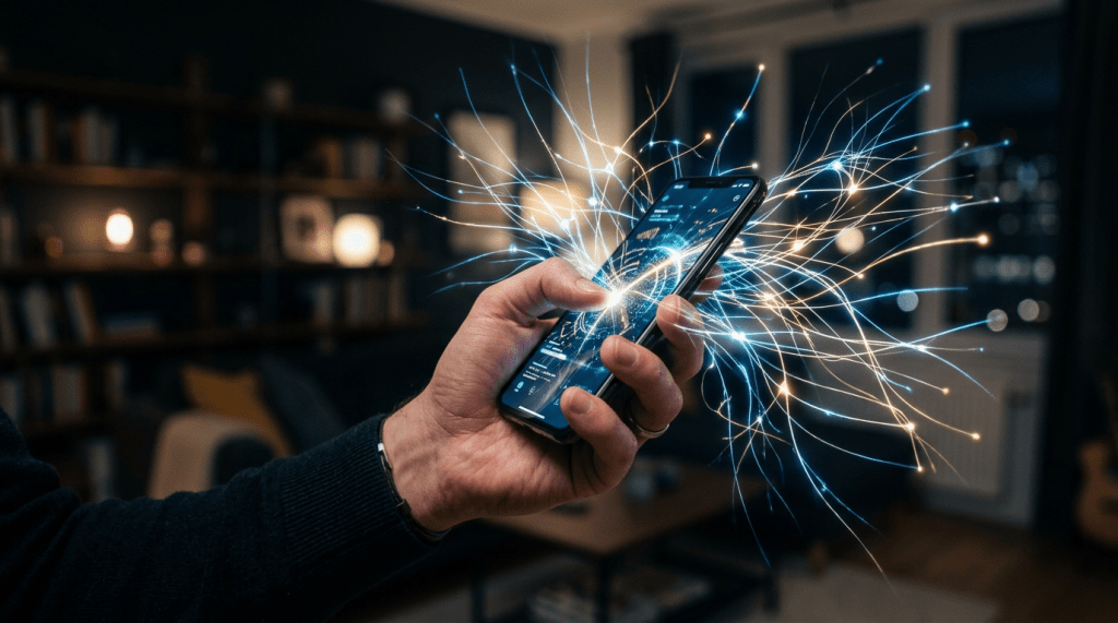 Hand holding smartphone with bright digital light streams emerging