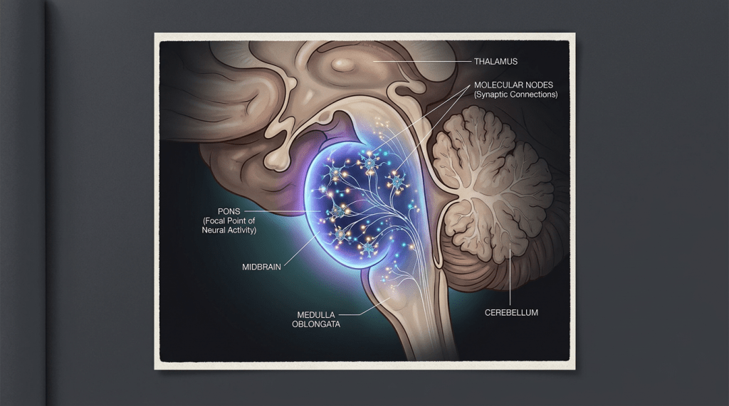 Sagittal brainstem with glowing pons focal point and molecular nodes