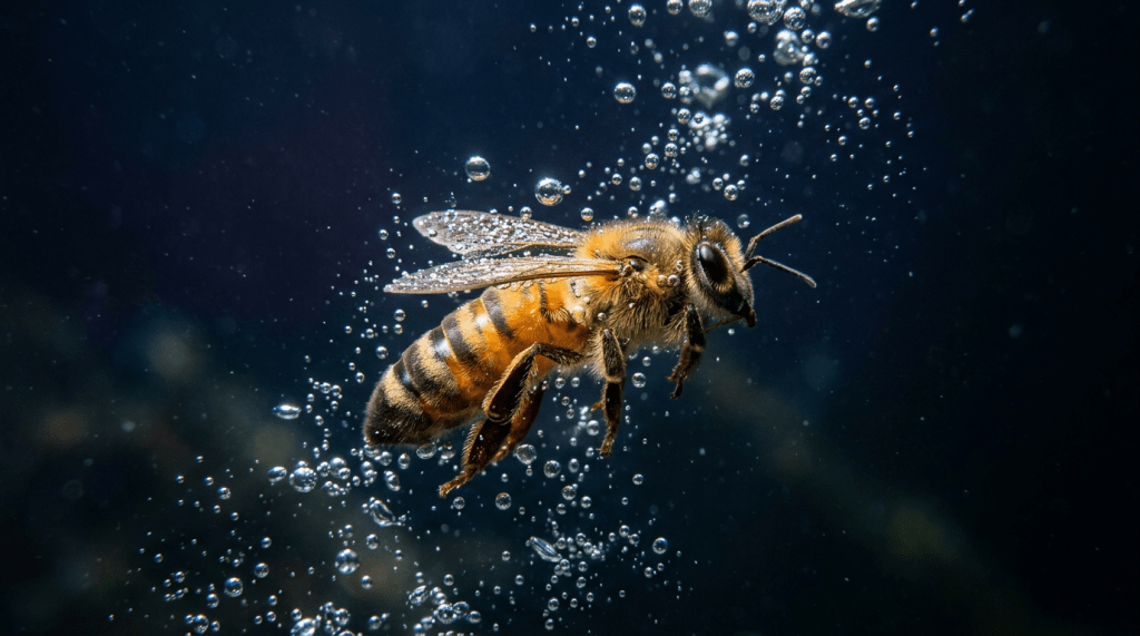Close-up of a honeybee underwater with bubbles around it
