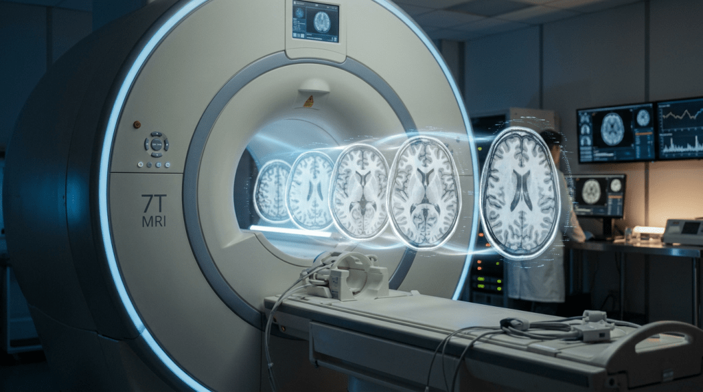 7T MRI scanner displaying detailed brain scans with medical professional in background