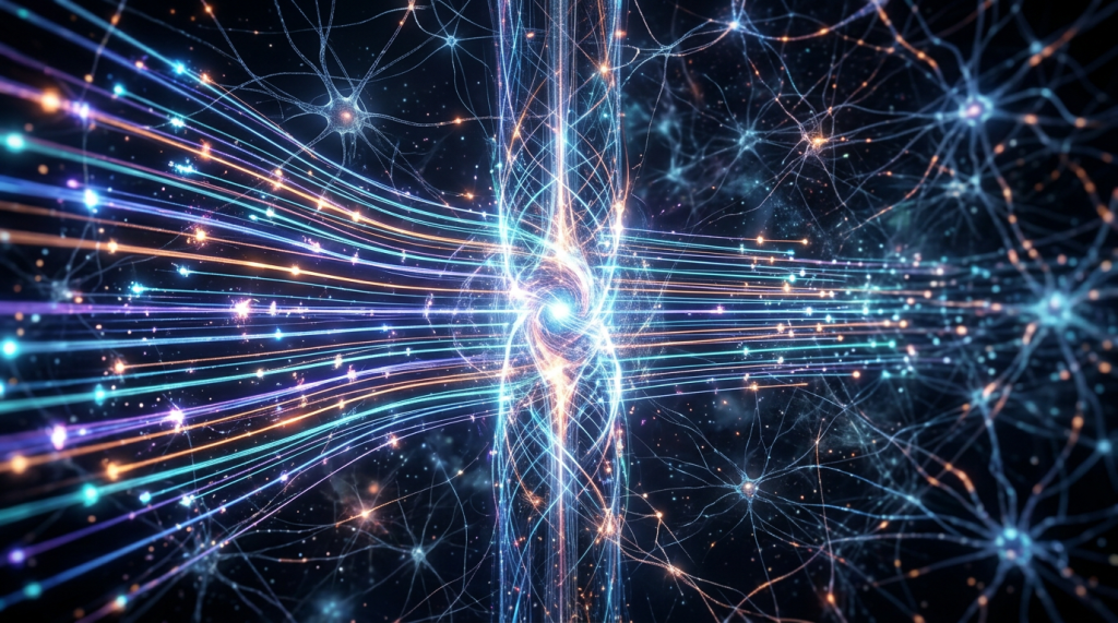 Glowing neural network with signals traveling along interconnected pathways