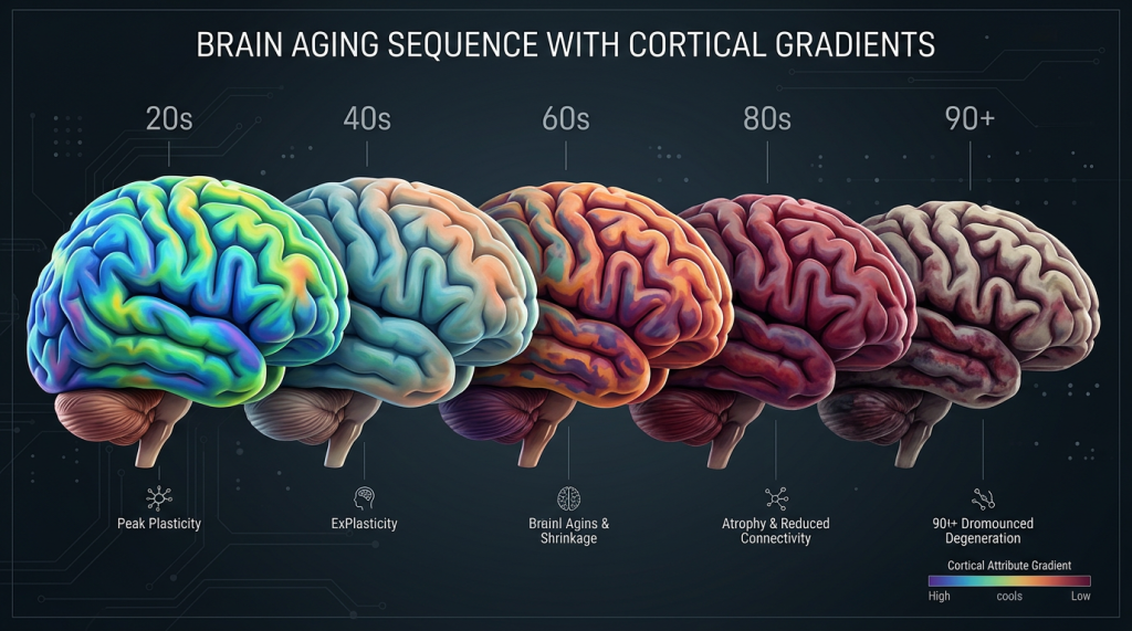 Sequence of brains aged 20s to 90+ showing cortical gradients and related aging effects