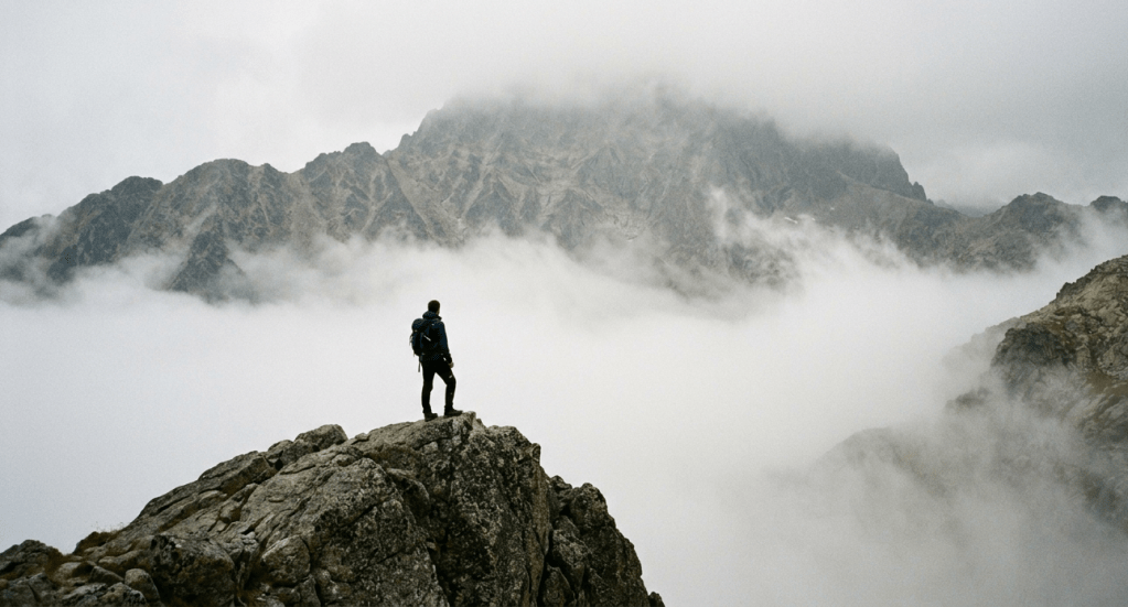 Hiker standing on rocky outcrop amid thick fog with mountain peaks in background