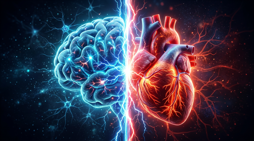 Digital illustration of a brain and heart separated by a bright energy line