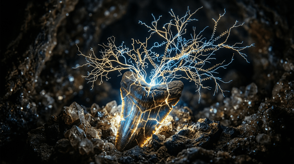 Electrical lightning fractals emerging from a dark rock surrounded by rough terrain