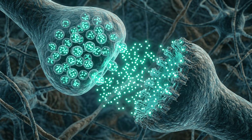 Neurotransmitters releasing from one neuron terminal and binding to receptors on another neuron