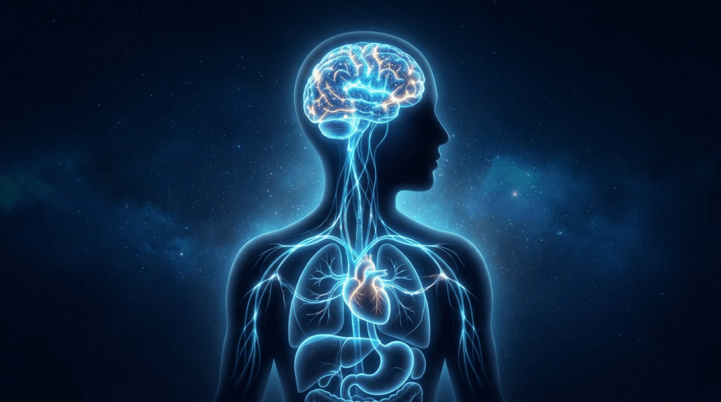 Silhouette of human body showing glowing brain, nervous system, heart, lungs, and stomach.