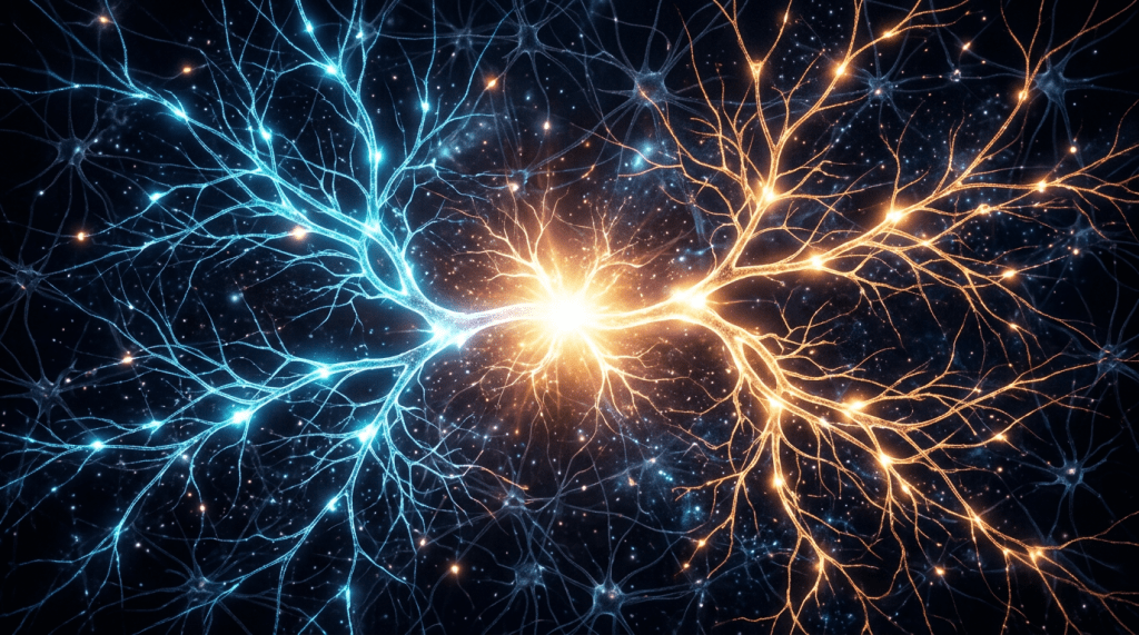 Two interconnected neurons with glowing synapses and electrical activity