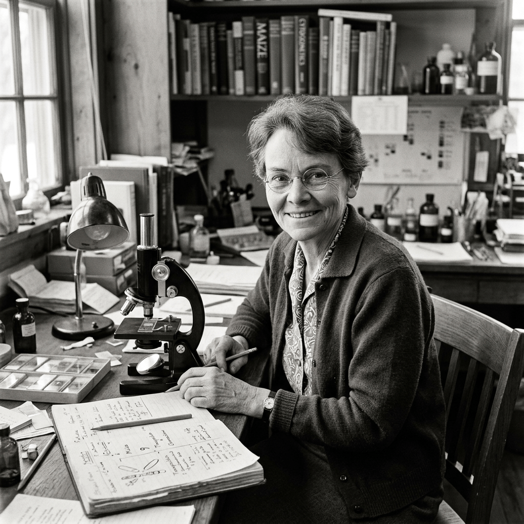 Woman scientist seated at desk with microscope, notebooks, and scientific materials