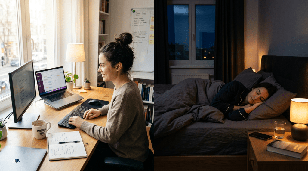 Side-by-side images of a woman working on a computer during daytime and sleeping in bed at night