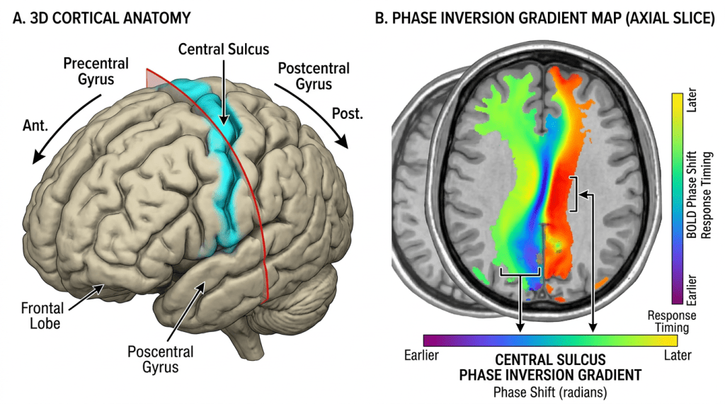3D illustration of brain with labels for central sulcus, precentral and postcentral gyri alongside an axial brain MRI showing colored BOLD phase inversion gradient map over central sulcus.