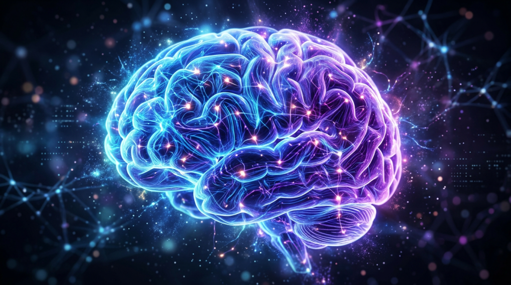 Illustration of a human brain with glowing neural connections in blue and purple hues