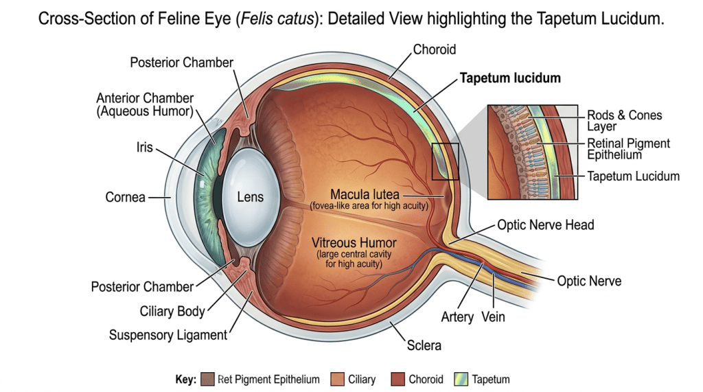 Cross-section of feline eye showing lens, retina, tapetum lucidum, optic nerve, and labeled anatomical parts