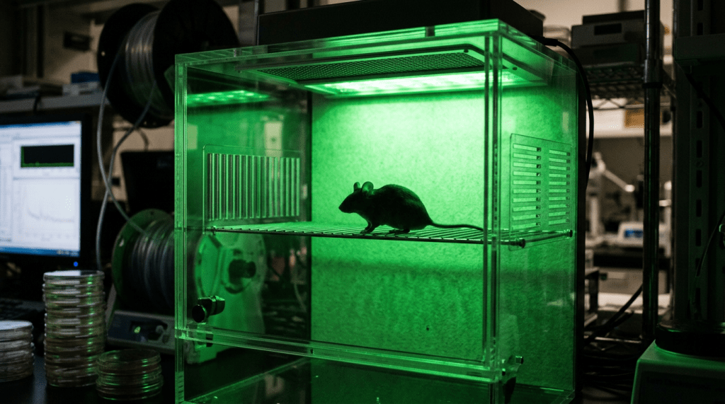 Black mouse inside a transparent green-lit laboratory enclosure on a metal grate shelf