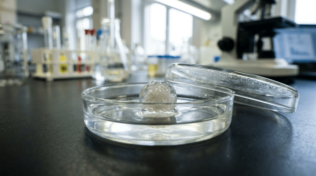 Small brain organoid in clear petri dish with liquid on laboratory bench