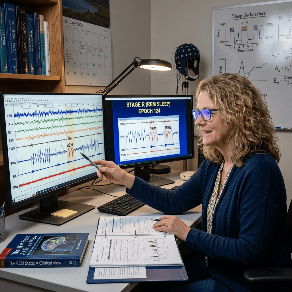 Researcher pointing to REM sleep data on computer screens showing EEG, EOG, and EMG signals