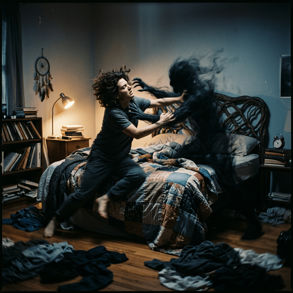 Person grappling with dark shadow-like figure on bed in bedroom