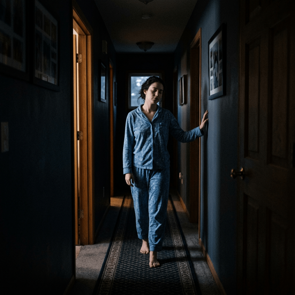 Woman in blue pajamas walking barefoot in a dark hallway with eyes closed and hand on wall