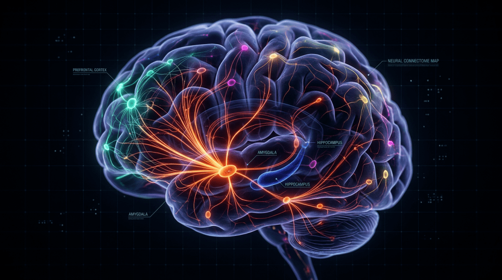 3D brain model showing neural connections with highlighted amygdala, hippocampus, and prefrontal cortex