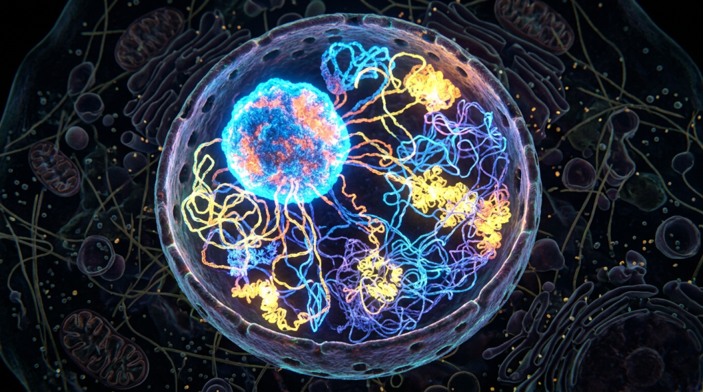 3D rendering of a cell nucleus with colorful DNA strands and chromatin inside a translucent membrane