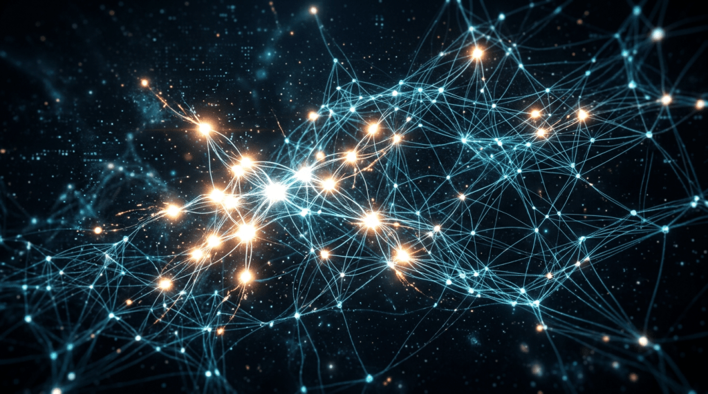 Brightly lit network nodes connected by glowing blue and orange lines representing neural connections