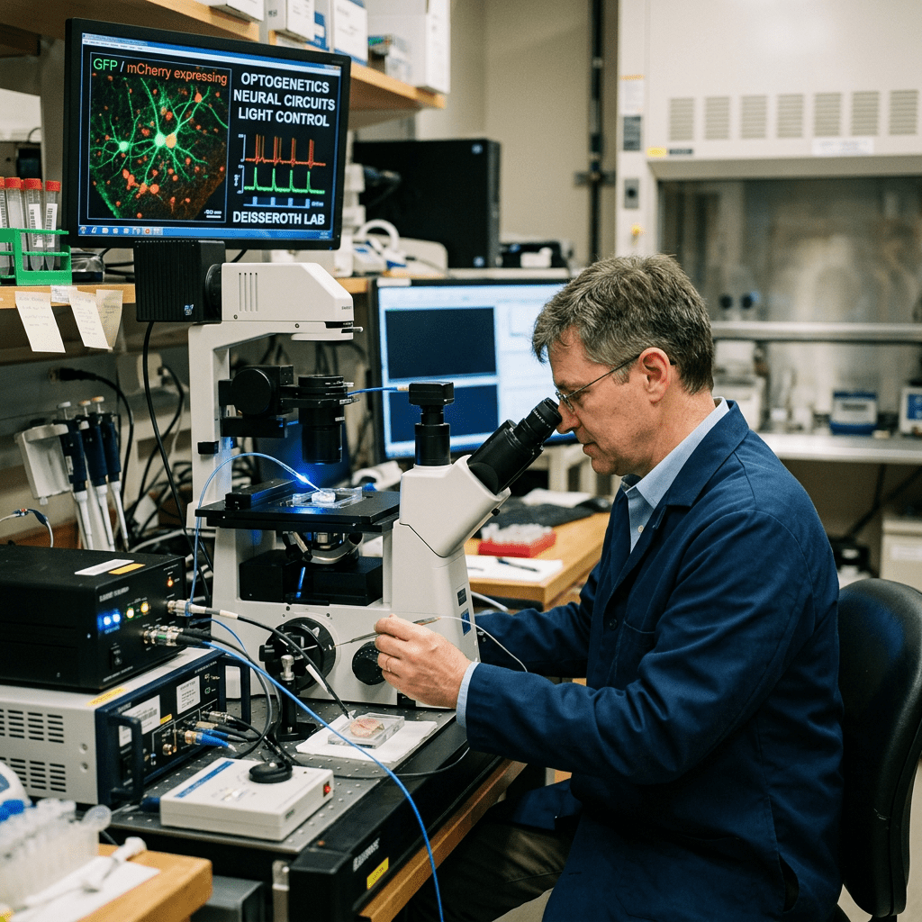 Scientist using microscope with optogenetics setup and neural imaging on screen