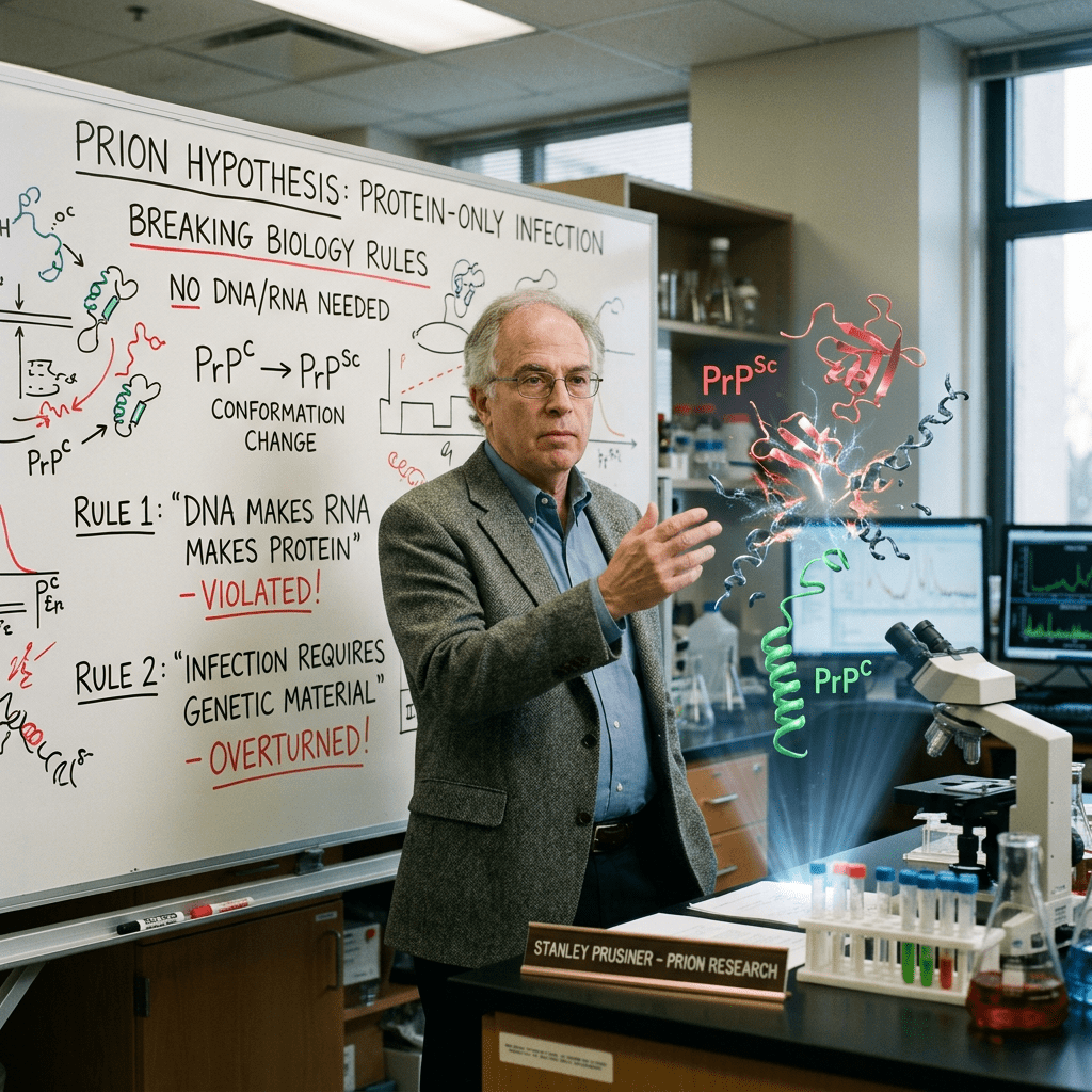 Scientist presenting the prion hypothesis with whiteboard and molecular models