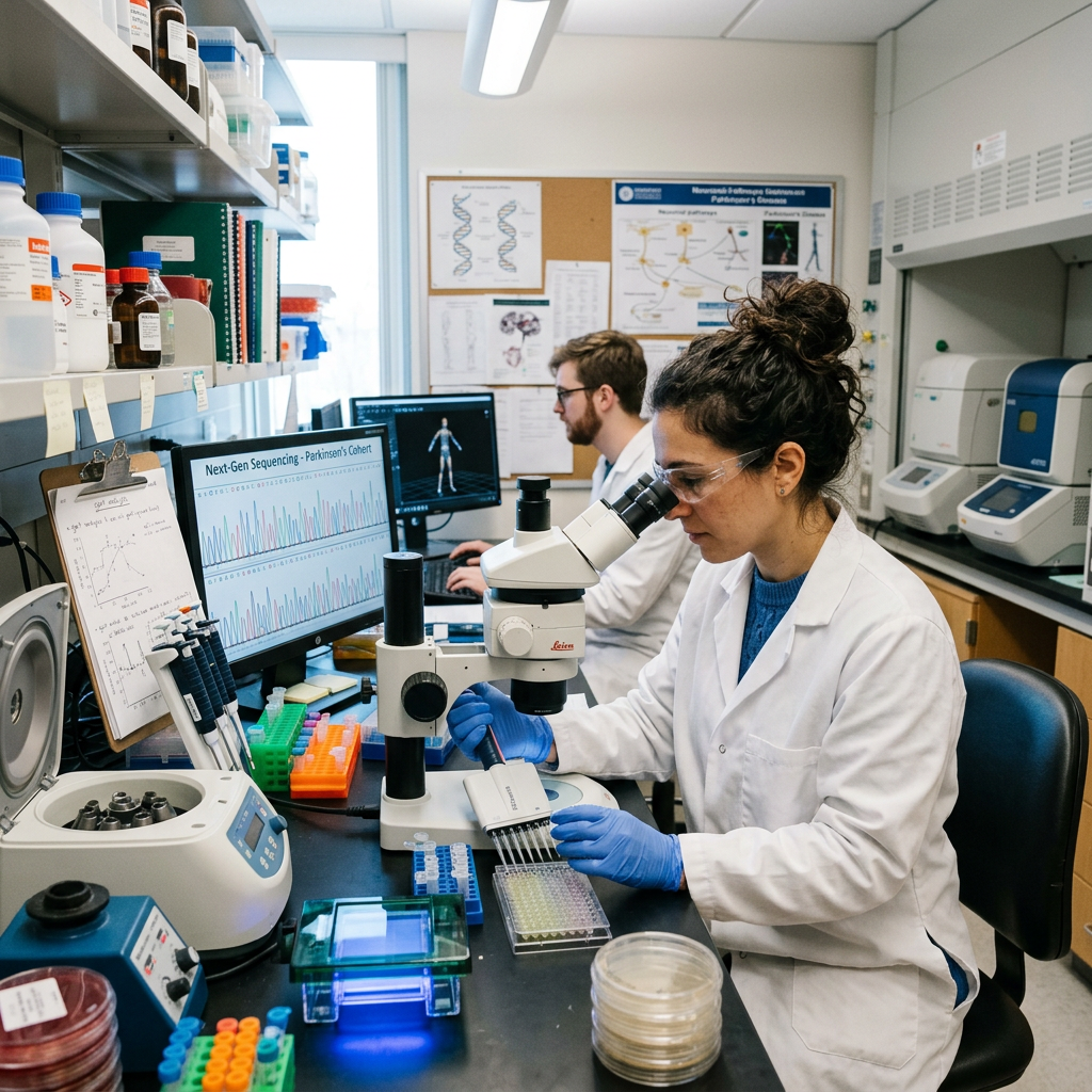 Scientists in lab coats working with a microscope and genetic sequencing data on computer screens